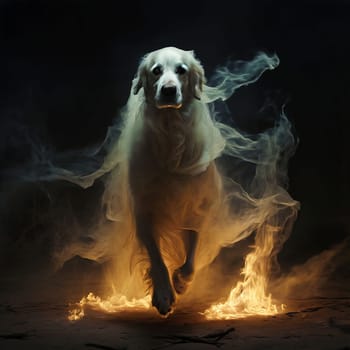 A ghostly white dog runs through the fire. High quality photo