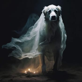 A ghostly white dog runs through the fire. High quality photo
