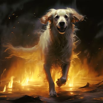 A ghostly white dog runs through the fire. High quality photo