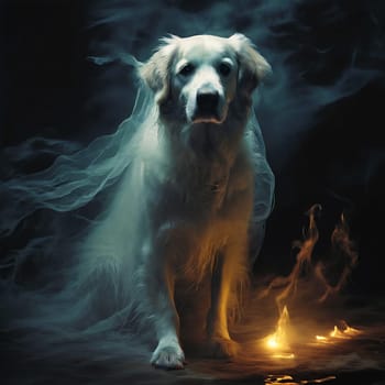 A ghostly white dog runs through the fire. High quality photo