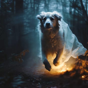 A ghostly white dog runs through the fire. High quality photo