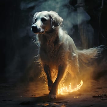 A ghostly white dog runs through the fire. High quality photo