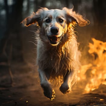 A ghostly white dog runs through the fire. High quality photo