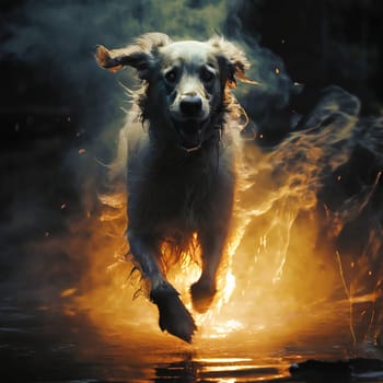 A ghostly white dog runs through the fire. High quality photo