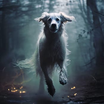 A ghostly white dog runs through the fire. High quality photo