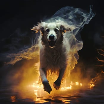 A ghostly white dog runs through the fire. High quality photo