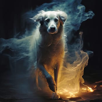 A ghostly white dog runs through the fire. High quality photo