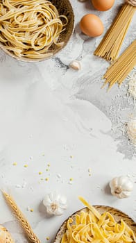 Pasta recipe preparation flatlay background with ingredients, spaghetti, olive oil, garlic, tomatoes and spices in the kitchen, homemade food recipe idea