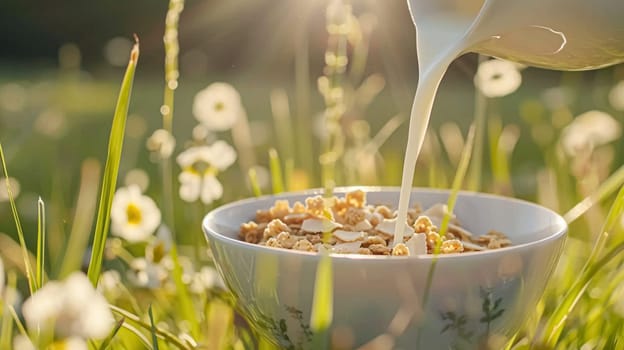 Pouring fresh milk into bowl of cereal in the English countryside field on a sunny morning for breakfast