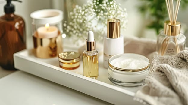 Skincare cosmetic product, spa and organic beauty cosmetics for bodycare, hair care, natural skin care routine