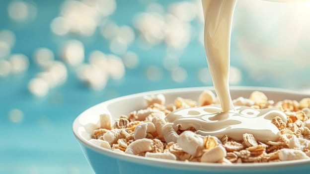 Pouring fresh milk into bowl of cereal on blue background on a sunny morning for breakfast