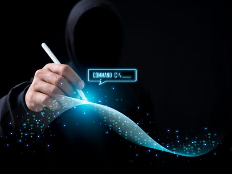 Hacker is pointing a pen at a group of zeros on a dark background. Concept of information security in internet networks and espionage. Network espionage. Virus attack. Hacker attack.