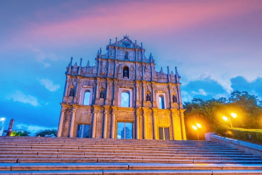 Ruins Of Saint Paul's Cathedral in downtown Macau at sunrise