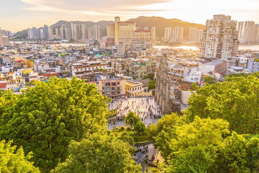 Ruins Of Saint Paul's Cathedral in downtown Macau from above at sunset