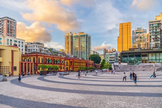 Tap Seac Square in Macau, China at sunset