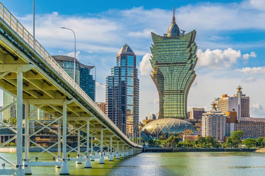 Macau, downtown city skyline, cityscape of China at sunset