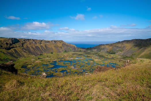 Aerial view of Orongo archaeological site, Easter Island of Chile