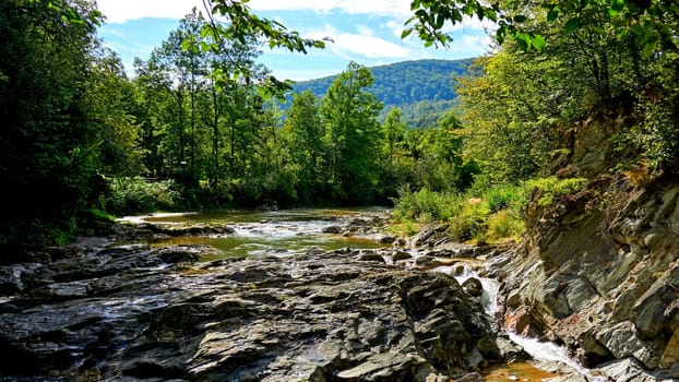 a large natural stream of water flowing in a channel to the sea, a lake, or another such stream.