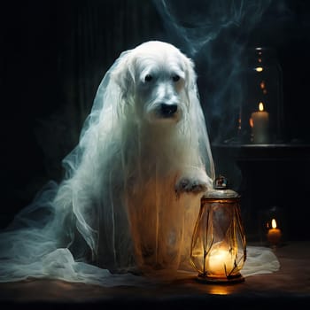 A white dog is sitting in the dark, and next to him is a glowing lantern with a candle