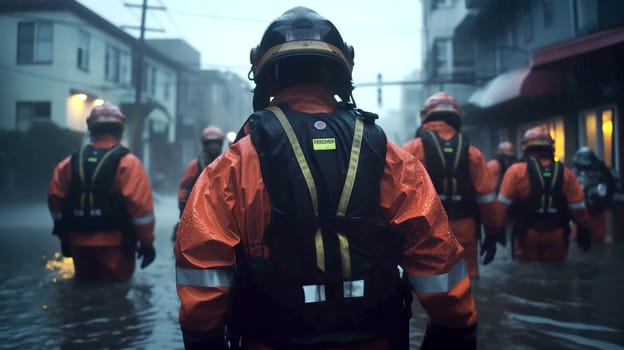 A group of firefighters advance along a suburban road submerged in floodwaters during twilight, equipped with safety gear and helmets - Generative AI