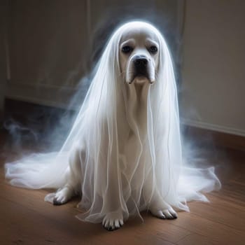 White Ghost Dog in Veil Sitting on Floor. High quality photo