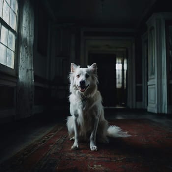 A white dog sits on the floor of an abandoned house near the window