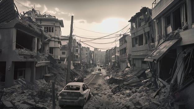 A desolate street littered with debris and damaged buildings reflects the aftermath of a disaster in a monochrome tone - war or earthquake destruction - Generative AI