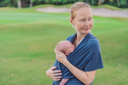 Mom walks with her newborn baby in a sling. This moment highlights the close bond between mother and child, promoting comfort, security, and the benefits of babywearing in everyday life.