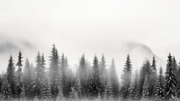 Layers of forested hills shrouded in morning mist present a serene, monochromatic view - Generative AI