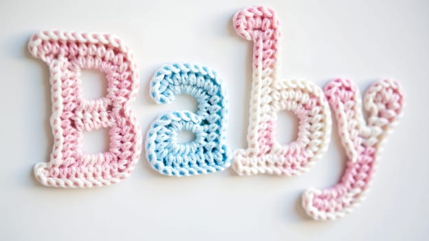 A set of pastel-colored crochet letters forming the word Baby laid out against a clean white surface, signifying a gentle nursery theme - Generative AI