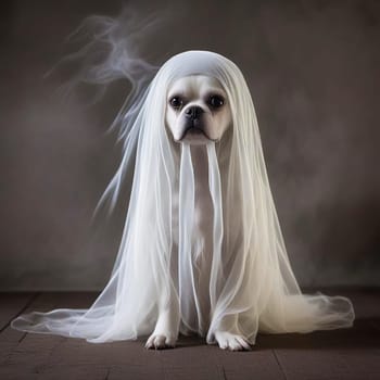 White Ghost Dog in Veil Sitting on Floor. High quality photo