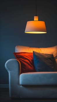 A softly illuminated lamp casts a warm glow over a comfortable sofa adorned with plush cushions, evoking a tranquil evening atmosphere - Generative AI