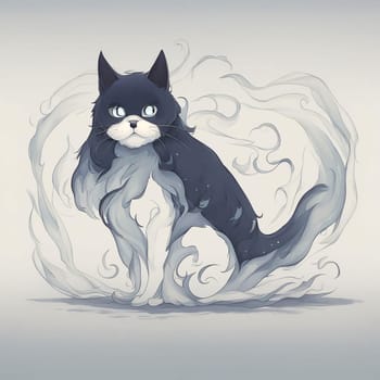 Illustration of a ghostly gray and white cat with glowing eyes in smoke
