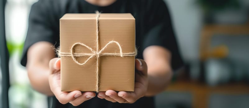 A person stands holding out a simple, brown, string-tied package towards the viewer, illuminated by natural daylight - Generative AI