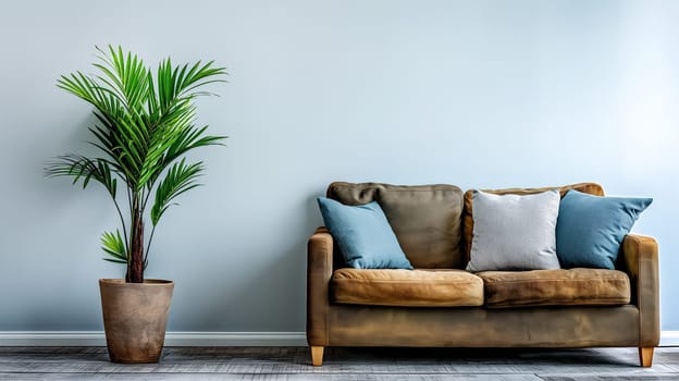 A comfortable brown sofa adorned with blue and white cushions next to a lush green potted plant against a calm gray wall - Generative AI