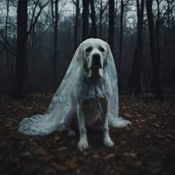 Dog sitting in gloomy autumn forest. High quality photo