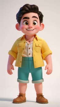 A smiling animated boy stands with his hands on his hips, dressed in a yellow shirt, teal shorts, and brown boots, exuding confidence and cheerfulness - Generative AI