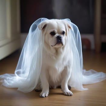 White Ghost Dog in Veil Sitting on Floor. High quality photo