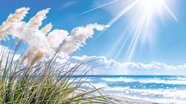 Bright sun rays shine down on white pampas grass swaying in the breeze with a backdrop of the sparkling blue ocean and a clear sky - Generative AI