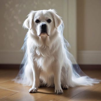 White Ghost Dog in Veil Sitting on Floor. High quality photo