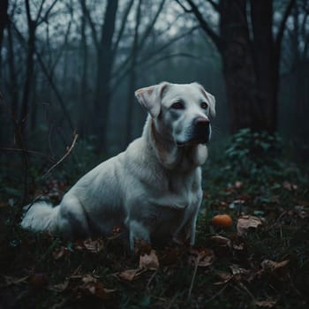 Dog sitting in gloomy autumn forest. High quality photo