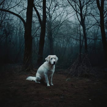 Dog sitting in gloomy autumn forest. High quality photo