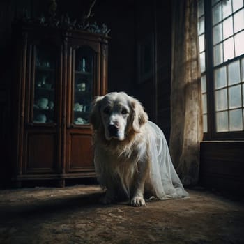 A white dog sits on the floor of an abandoned house near the window