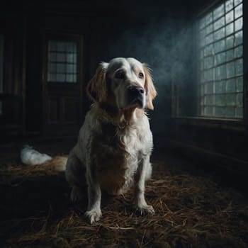 Labrador sitting near the window in abandoned house. High quality photo