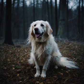 Dog sitting in gloomy autumn forest. High quality photo