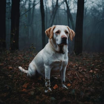 Dog sitting in gloomy autumn forest. High quality photo