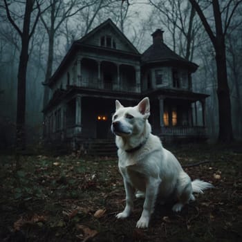 A white dog sits in front of an old house. High quality photo