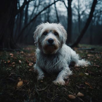 Dog sitting in gloomy autumn forest. High quality photo