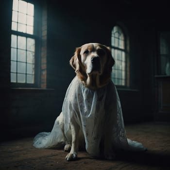 A large dog in a veil sits on the floor of an abandoned house. Ghost dog. Deceased pet