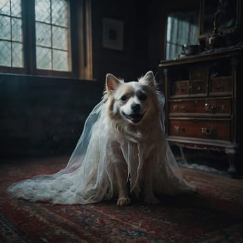 White Ghost Dog in Veil Sitting on Floor. High quality photo